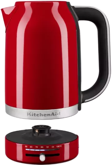 Piros KitchenAid elektromos vízforraló fekete fogantyúval és alappal.