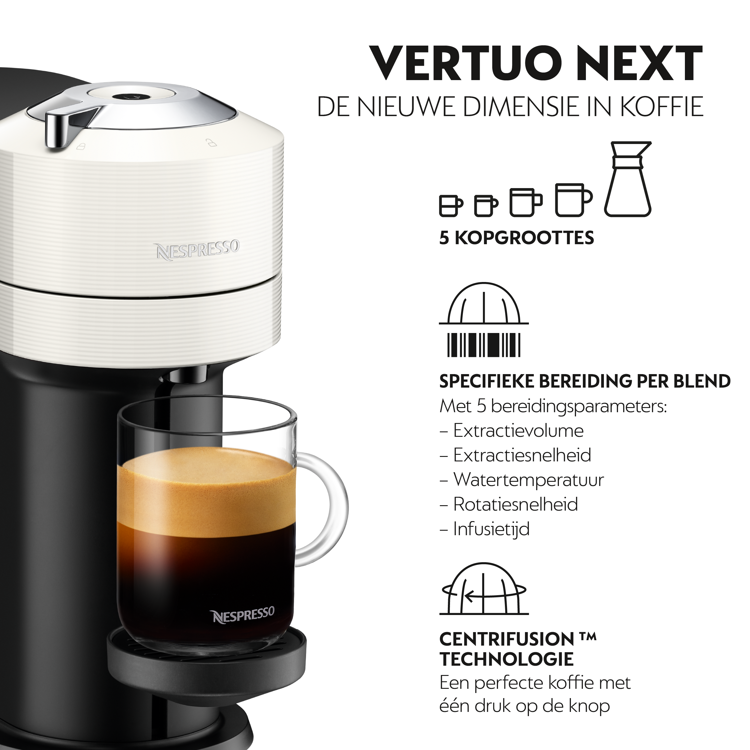Nespresso Vertuo Next coffee machine with glass of coffee. Text indicates different cup sizes and Centrifusion tech.