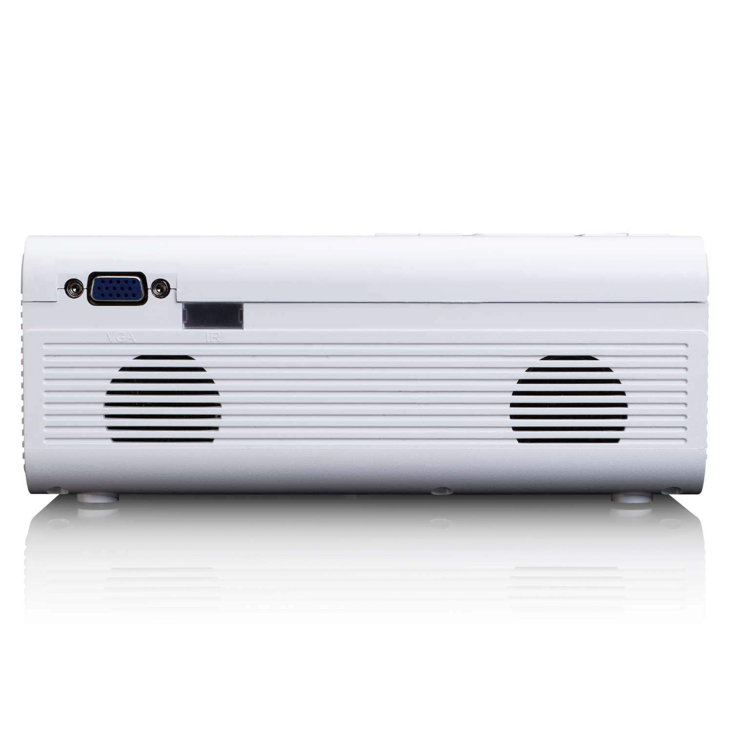 Projecteur blanc, vue de face. Comprend des fentes d'aération, ports VGA et IR, fond blanc.