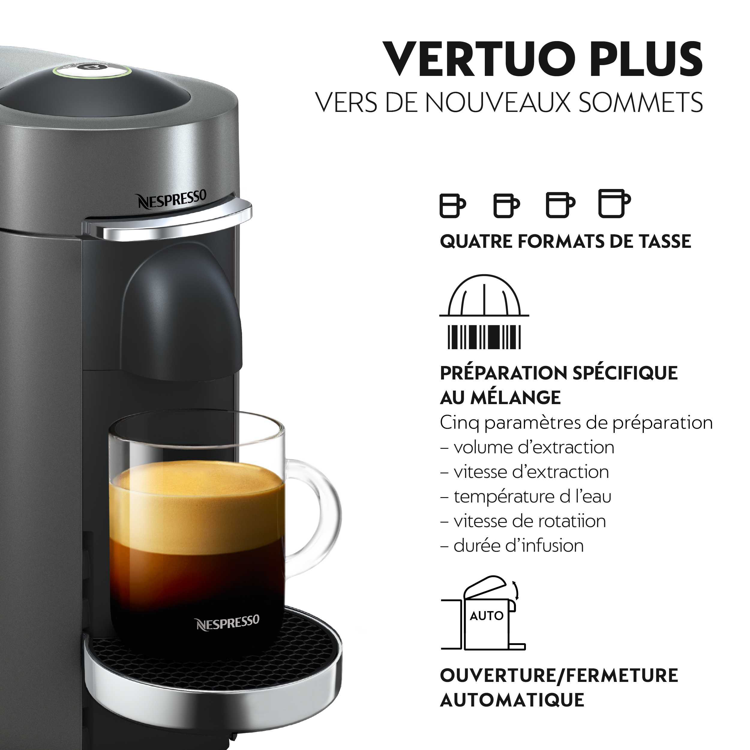 Machine à café avec texte : Vertuo Plus. Quatre tailles de tasses et préparation spécifique au mélange.