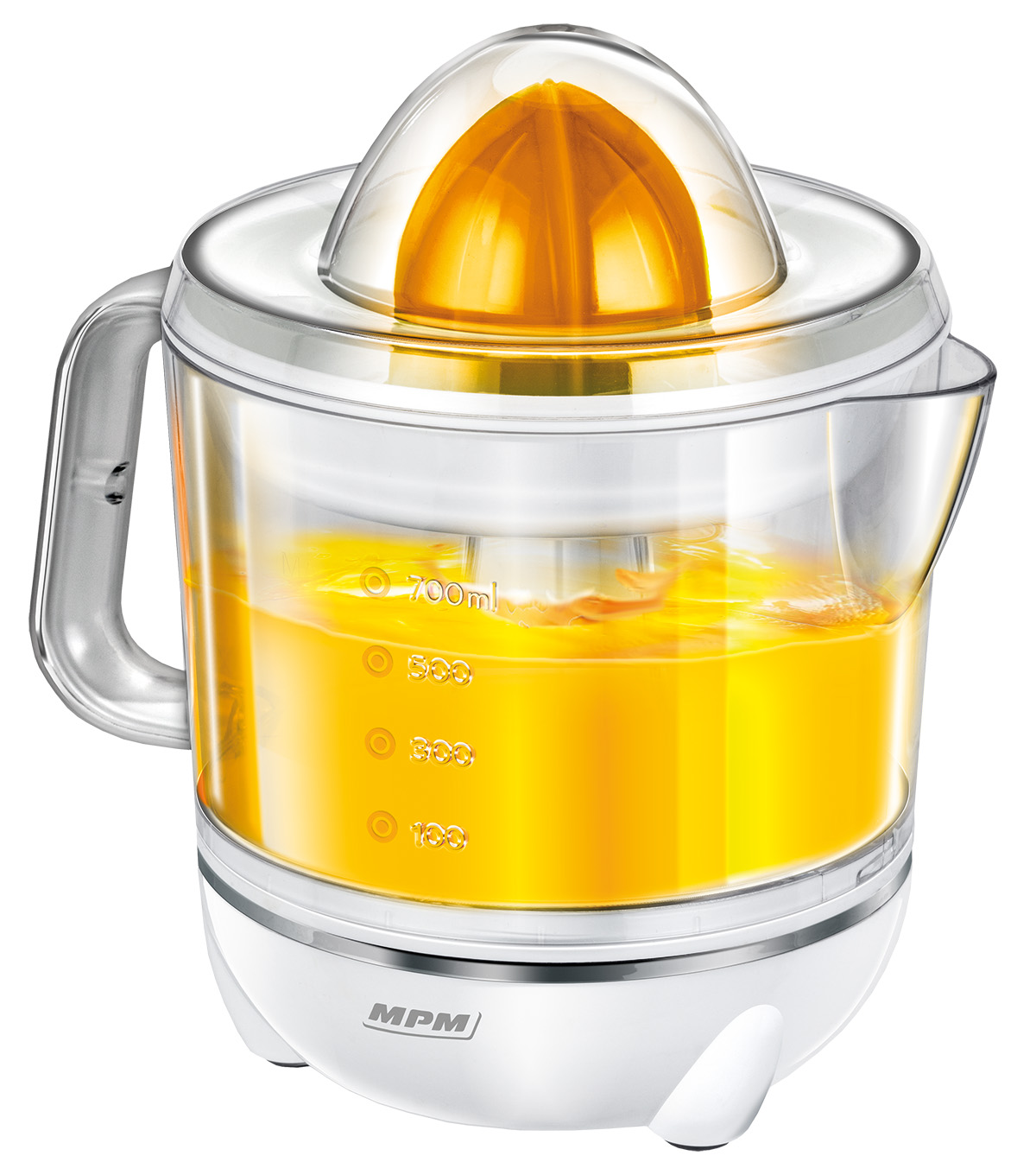 Wyciśnięta sok z pomarańczy wewnątrz, z przezroczystą pokrywą. Wyciskarka jest biała i ma uchwyt.