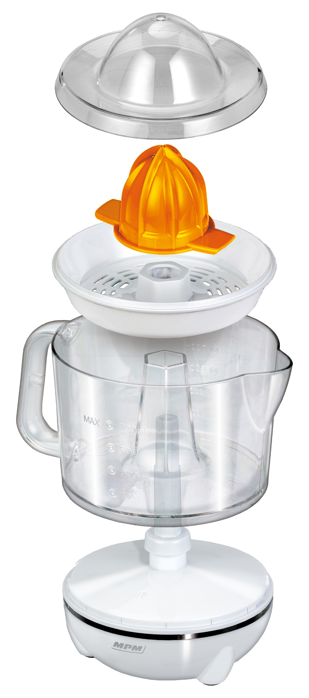 Rozebrana wyciskarka do soku z widocznymi elementami. Zawiera przezroczysty pojemnik, białą podstawę i pomarańczowy rozdrabniacz.