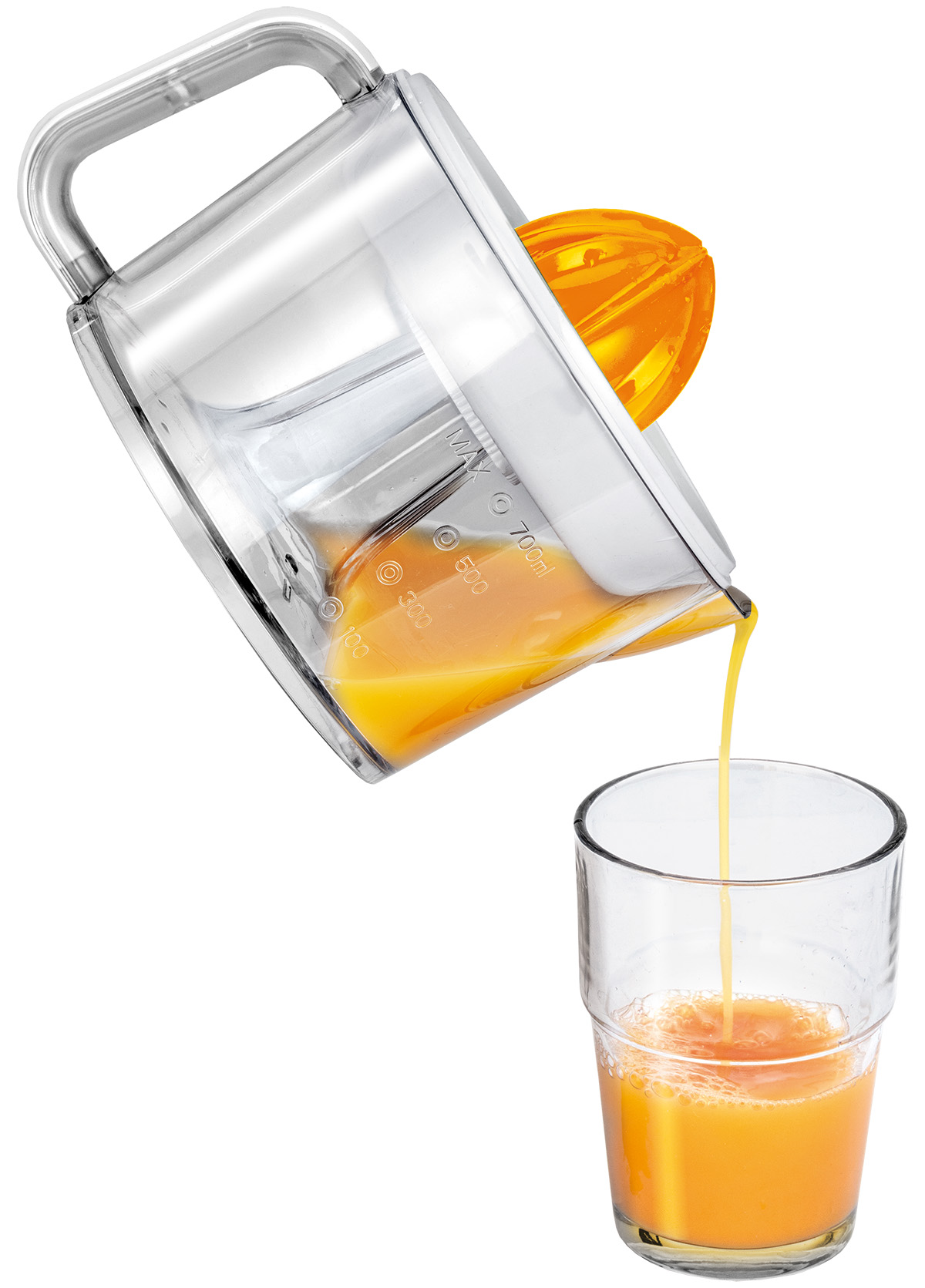 Przezroczysta wyciskarka do cytrusów wylewająca świeży sok pomarańczowy do szklanki. Wyciskarka jest częściowo napełniona.