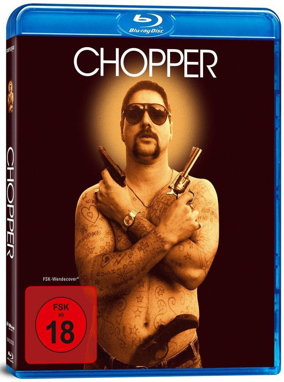 Filmcover von 'Chopper' mit einem Mann, der Waffen hält und Tattoos hat.