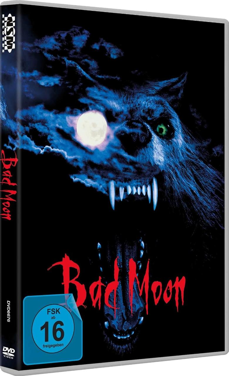 DVD-Hülle von 'Bad Moon' mit einem Werwolf und Vollmond im Hintergrund.