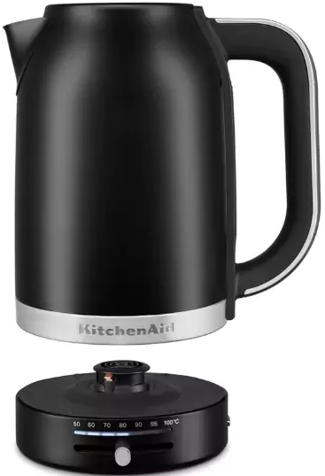 Fekete KitchenAid elektromos vízforraló. Fekete alapon, hőmérséklet beállításokkal.