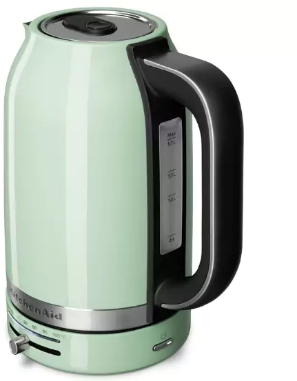 Zöld KitchenAid elektromos vízforraló fekete fogantyúval és hőmérsékletmérővel.