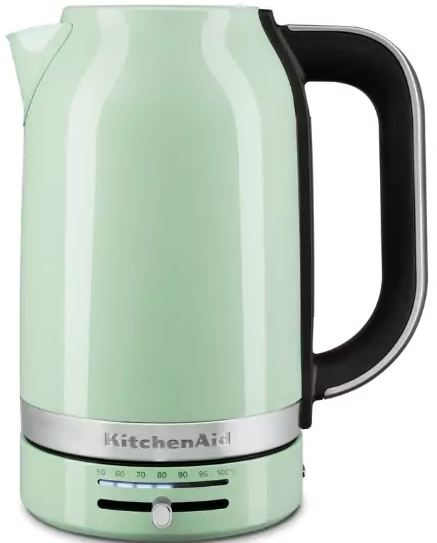 Mentazöld KitchenAid vízforraló, fekete fogantyúval és hőmérsékletmérővel.