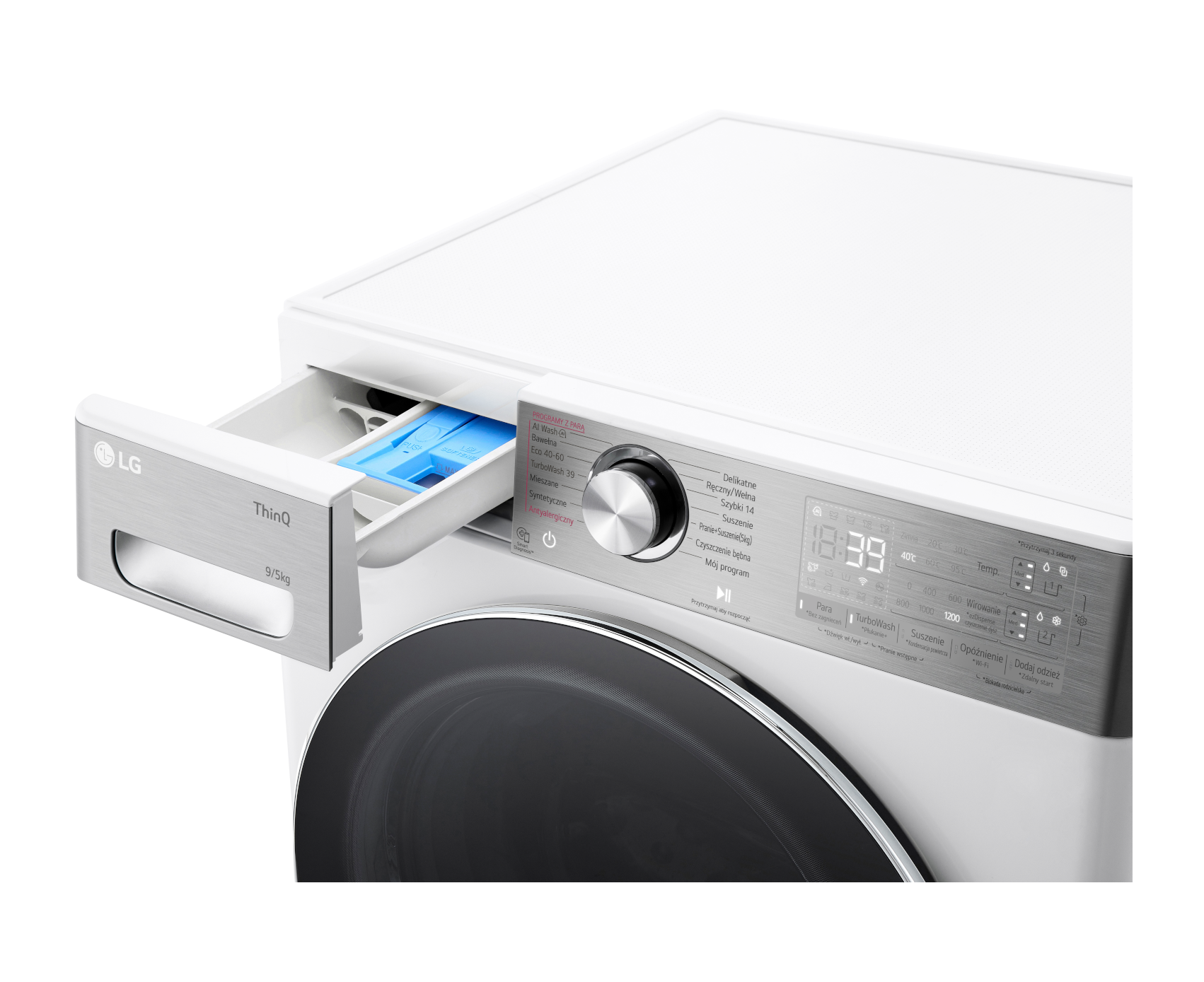 Zbliżenie białej pralki z otwartą szufladą na detergent.