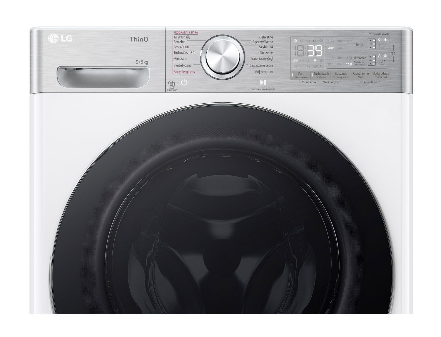 Zbliżenie białej pralki z czarnymi drzwiami i srebrnym panelem sterowania, z tekstem.