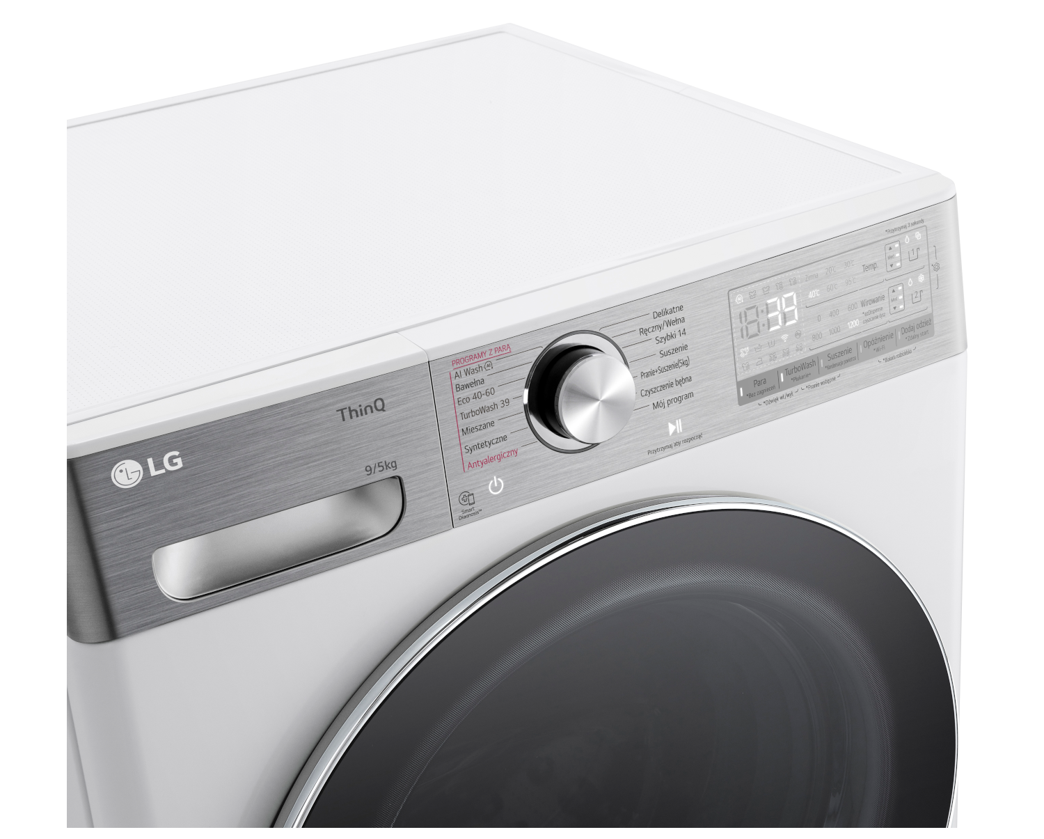 Biały panel sterowania pralki LG, z pokrętłem i wyświetlaczem cyfrowym, widok z boku na białym tle.