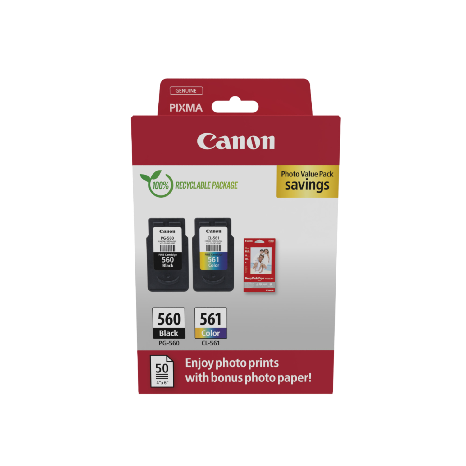 Een Canon fotowaardepakket met inktcartridges. De verpakking is rood en wit, met het Canon-logo en inktcartridges.