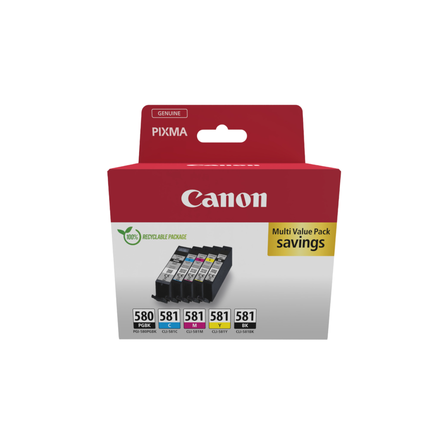 Canon printer ink cartridges in a multi-pack. Red and black packaging with ink cartridges visible.