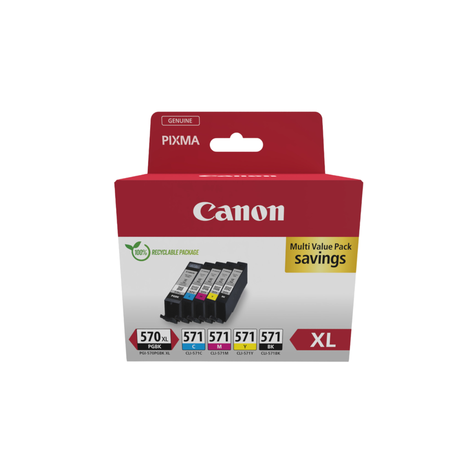 Canon inktcartridges in een rood-witte doos. De doos toont labels 'Genuine PIXMA' en 'XL'.