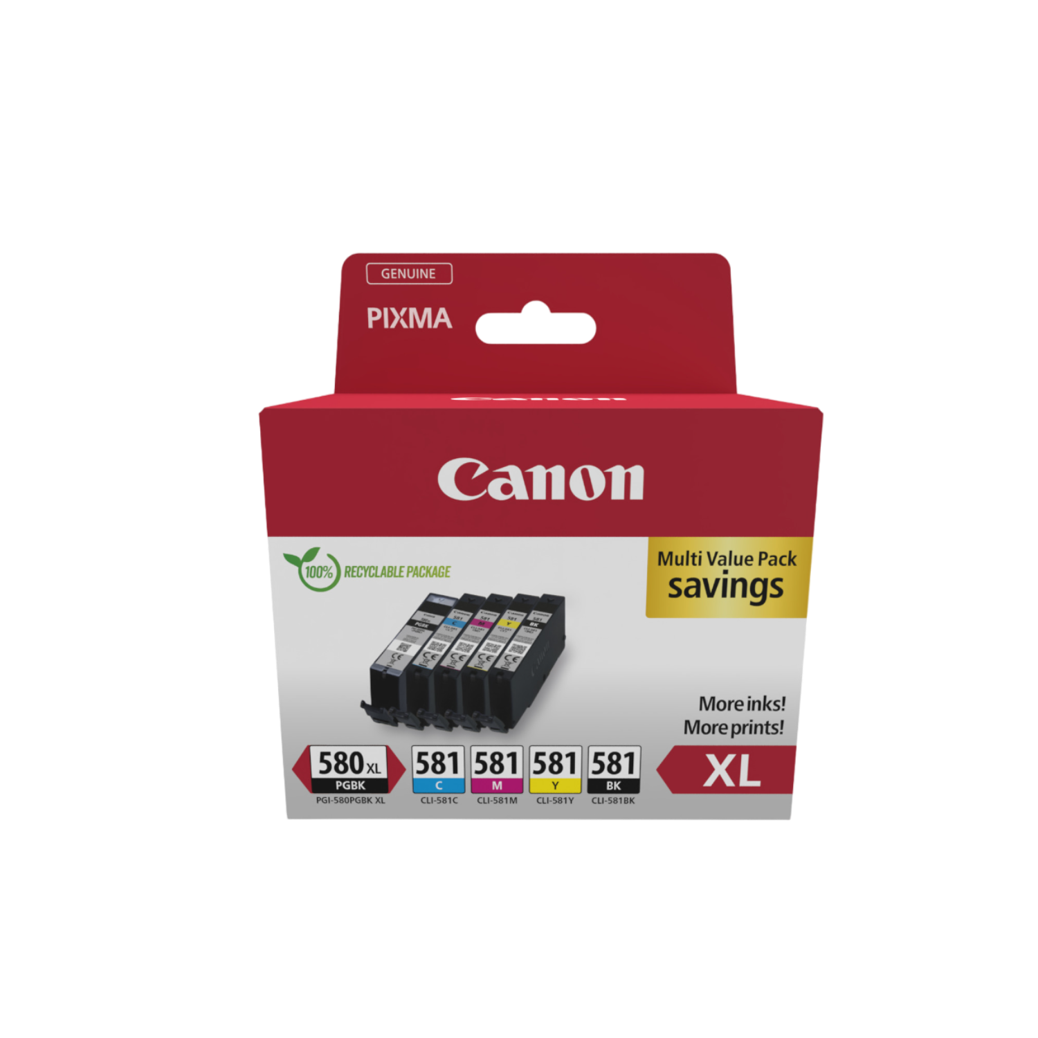 Canon printer ink cartridges in a red and white box. The box displays the brand and ink types.