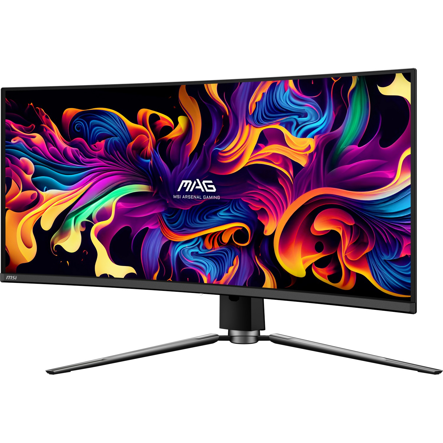 Een brede monitor met een kleurrijk abstract ontwerp. De monitor heeft een zwarte standaard.
