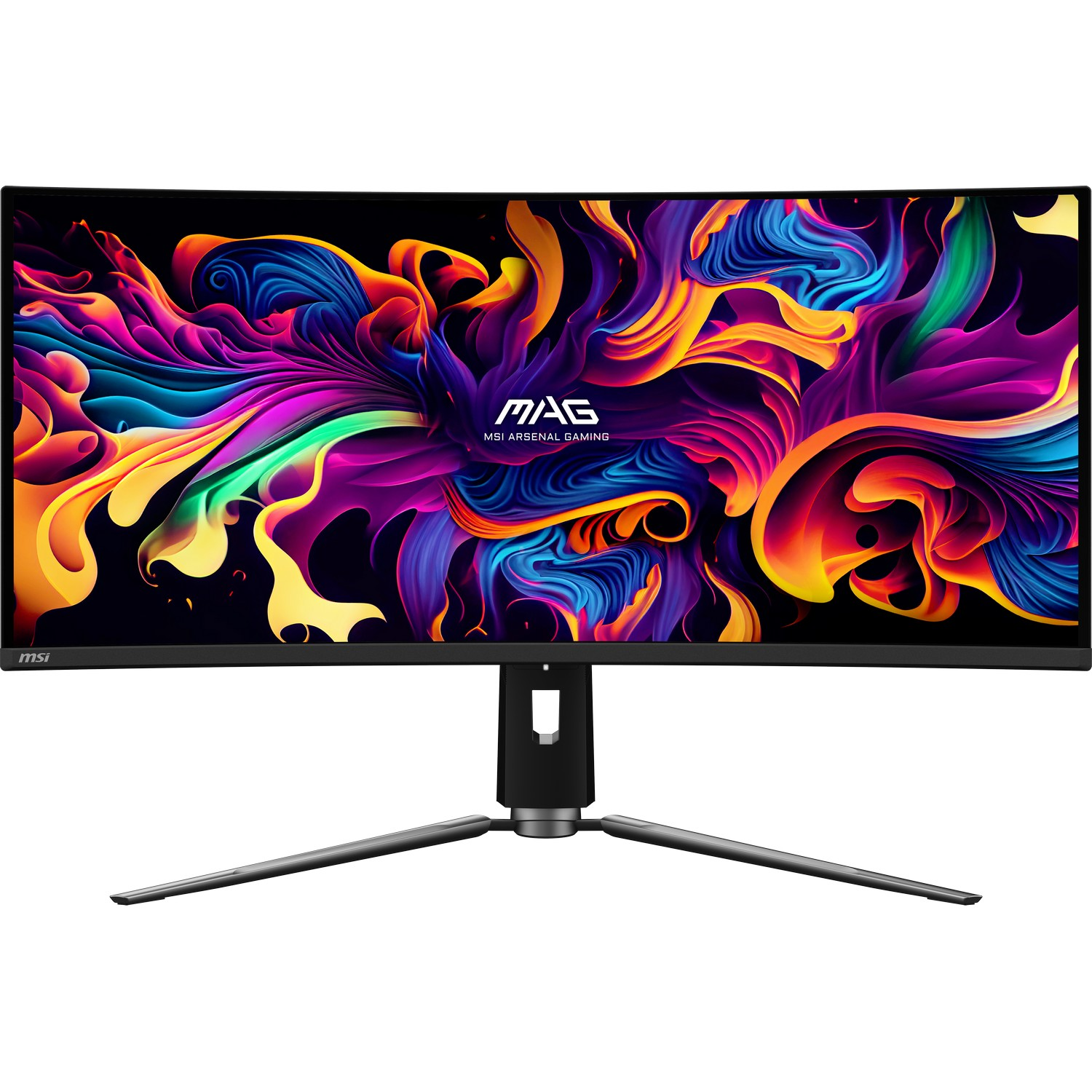 Een gebogen computermonitor toont een kleurrijk, abstract beeld, met een zwarte standaard.
