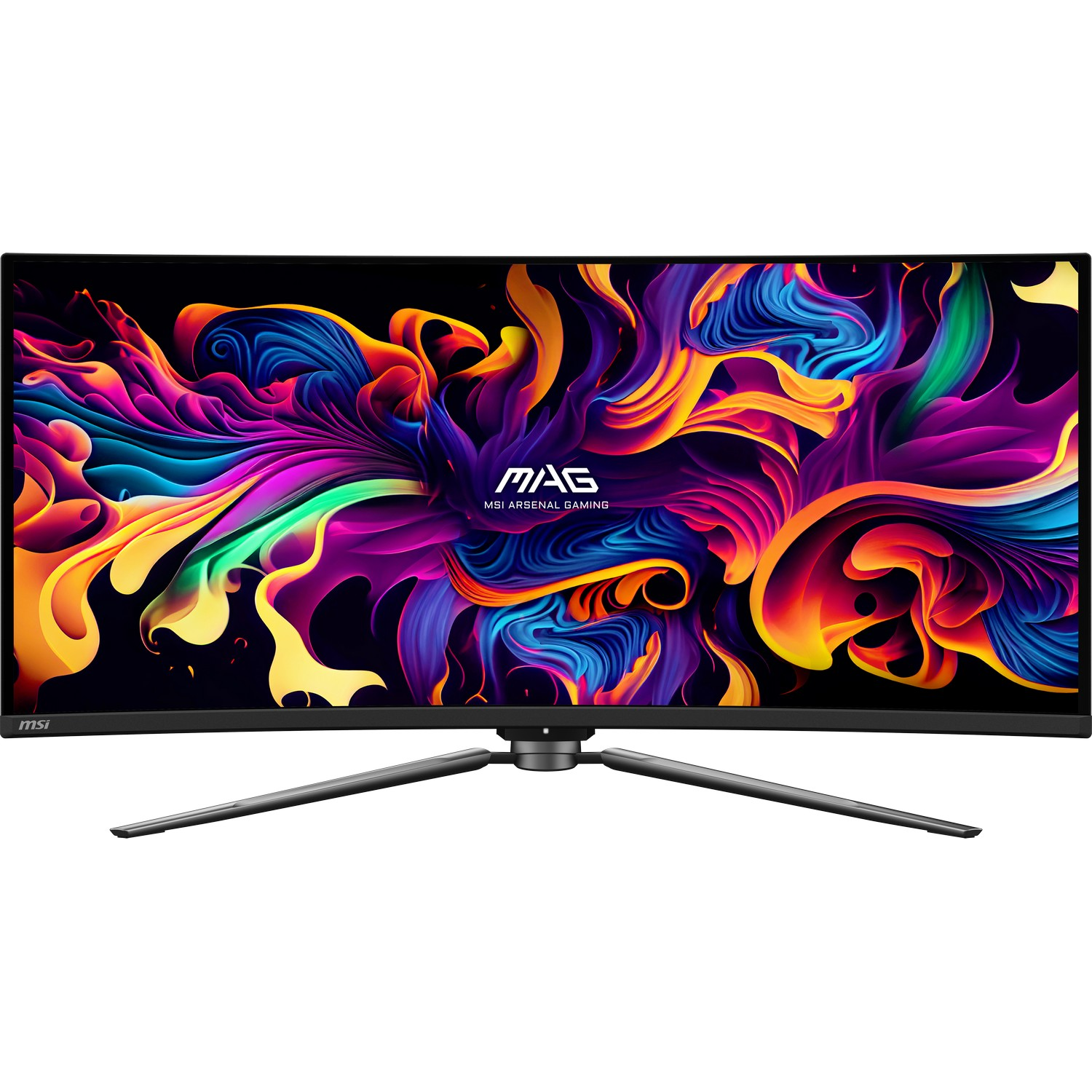 Een gebogen gamingmonitor met een levendige, kleurrijke abstracte weergave, ondersteund door een standaard.