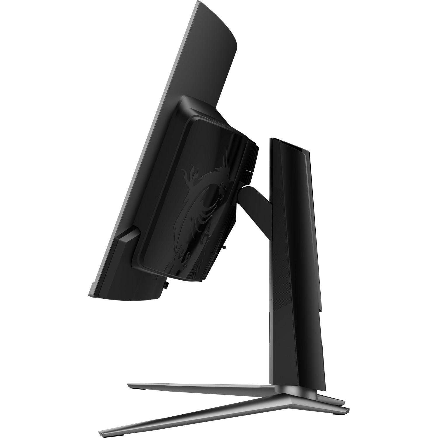 MSI monitor, zwart, zijaanzicht. De monitor staat op een standaard met een zilveren voet. De achterkant heeft een drakenlogo.