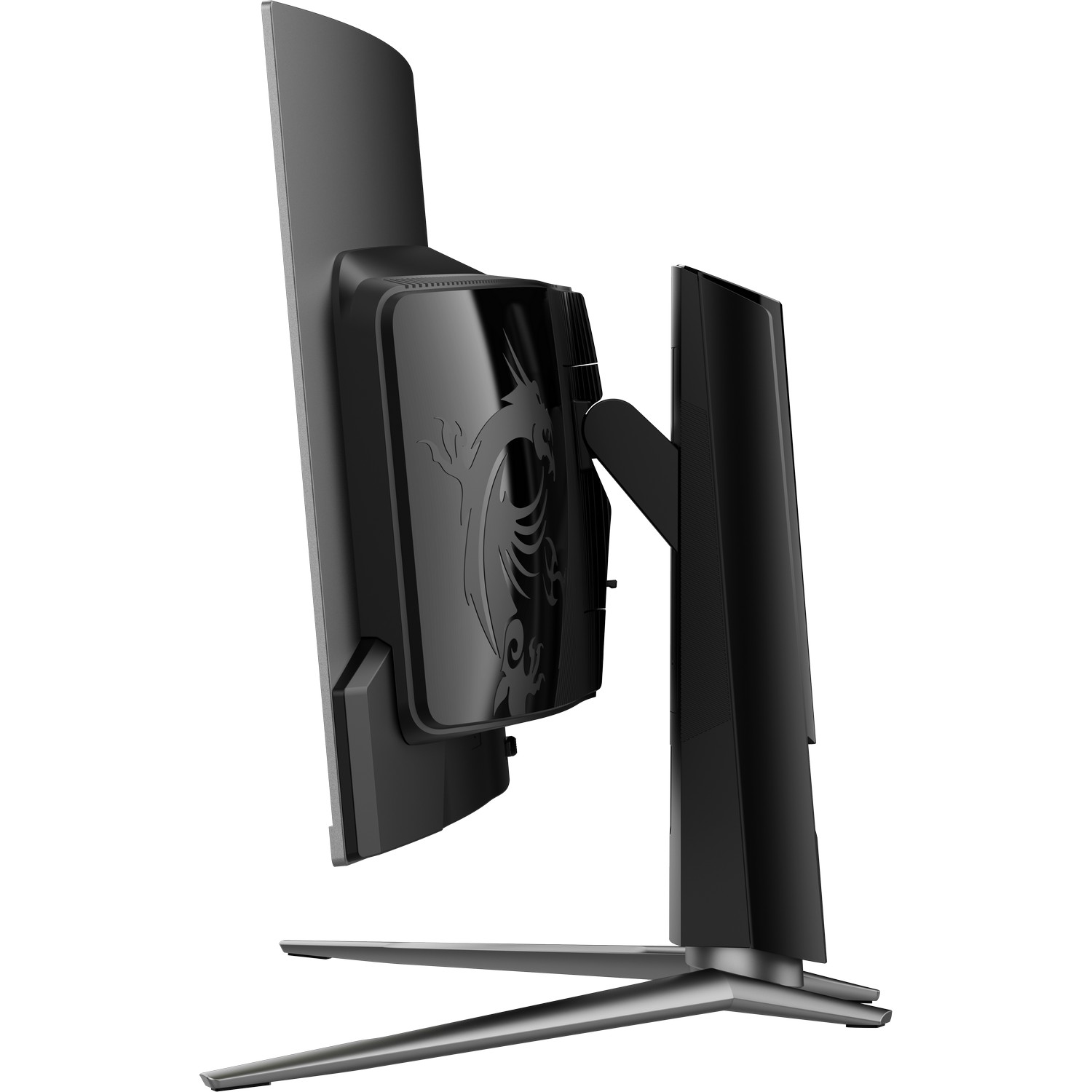 Zwarte en grijze computermonitor van opzij, met een drakenlogo op de achterkant en een standaard.