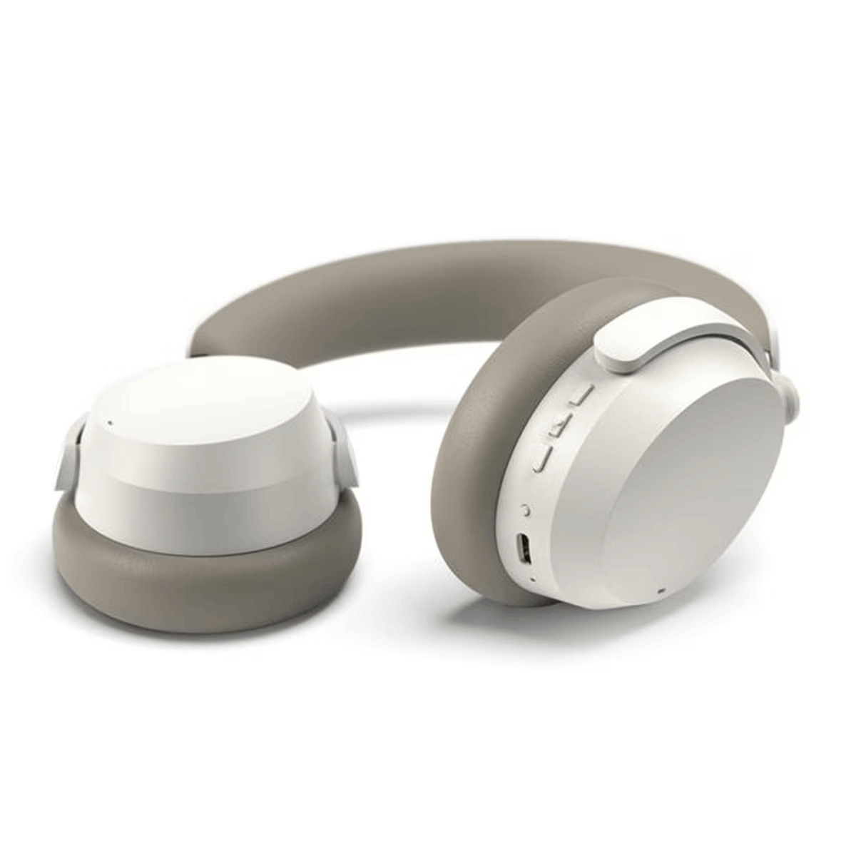 Auriculares, auriculares blancos, diadema gris. Fondo blanco.