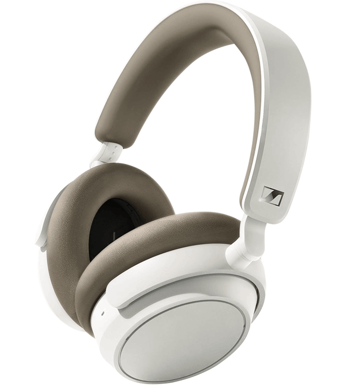 Auriculares blancos y marrones. La diadema es blanca y los auriculares son marrones.