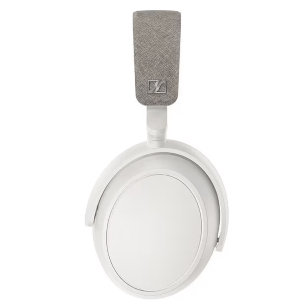 Auriculares blancos con una diadema gris se muestran sobre un fondo negro.