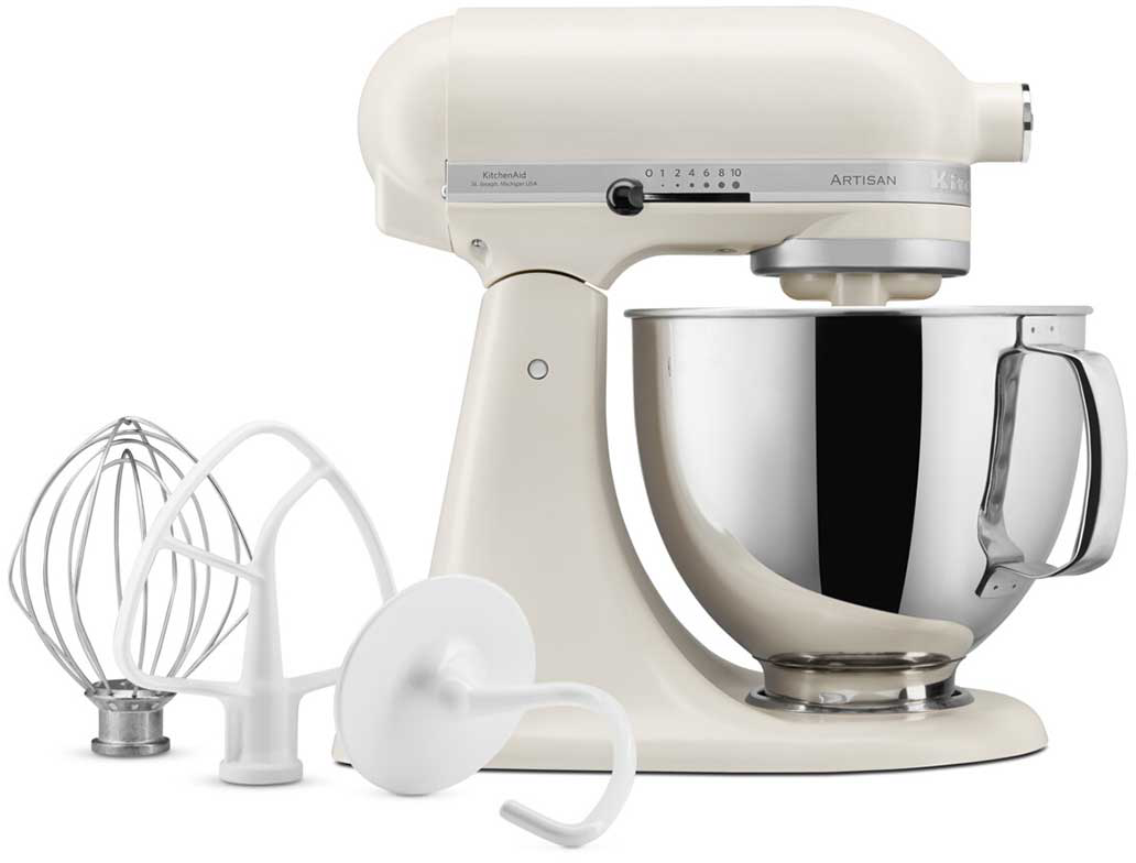 Krémszínű állványos mixer, tartozékokkal. Rozsdamentes acél tál. Különböző tartozékok.