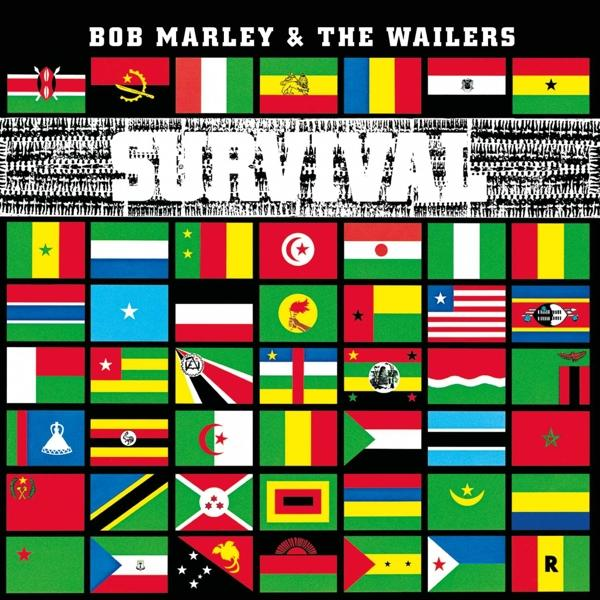 Album borító zászlókkal és a 'SURVIVAL' címmel. Felül 'BOB MARLEY & THE WAILERS'.