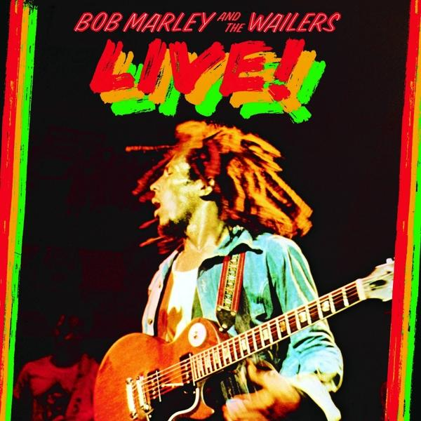Album borító: Bob Marley gitárral, piros/zöld 'Live!' szöveg fekete háttéren.