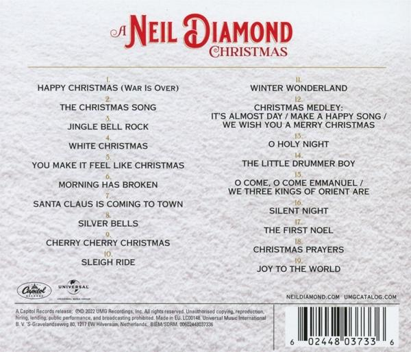 A 'A Neil Diamond Christmas' CD-borítója, a hátoldalon a számlistával.