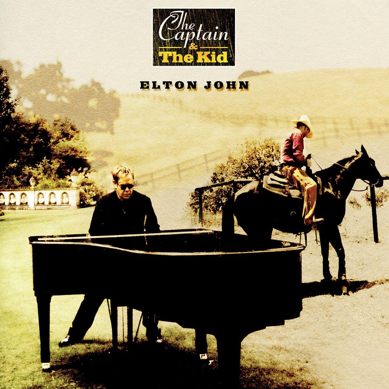 Elton John zongoránál és cowboy a lovon, zenei album borítója. Cím: The Captain & The Kid.
