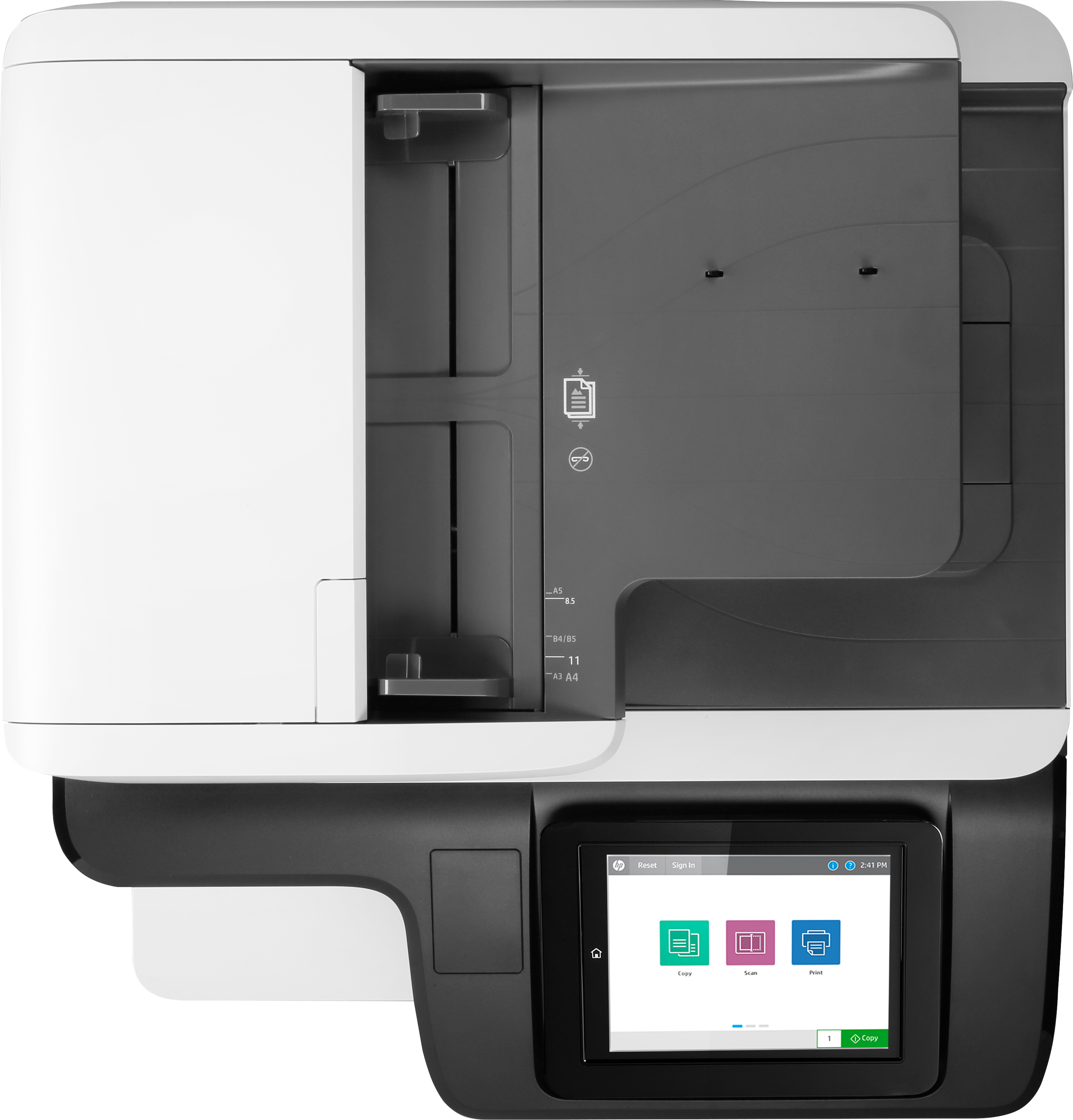 HP Drucker von oben. Zeigt geöffneten Deckel, Bedienfeld mit Bildschirm und Papierfächer, auf Weiß.