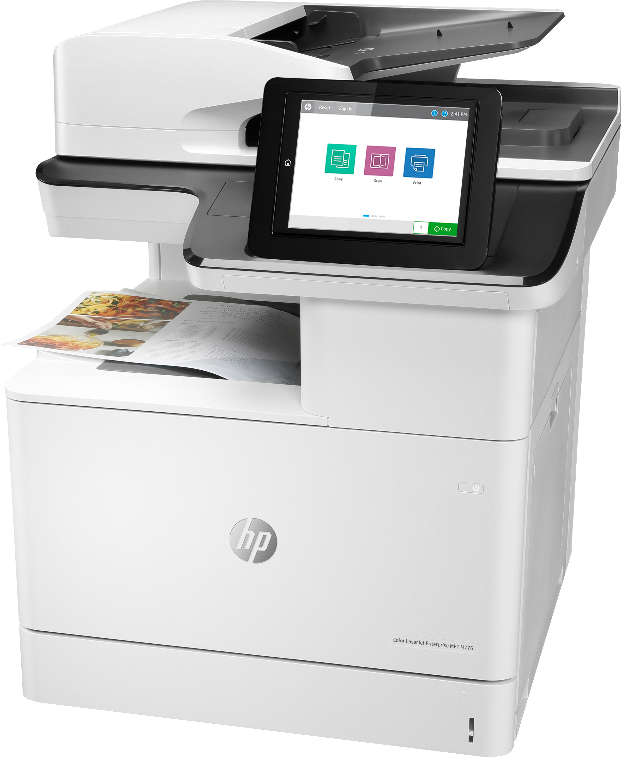 Weißer HP-Drucker mit Touchscreen, einem Dokument und einem Druckfach.