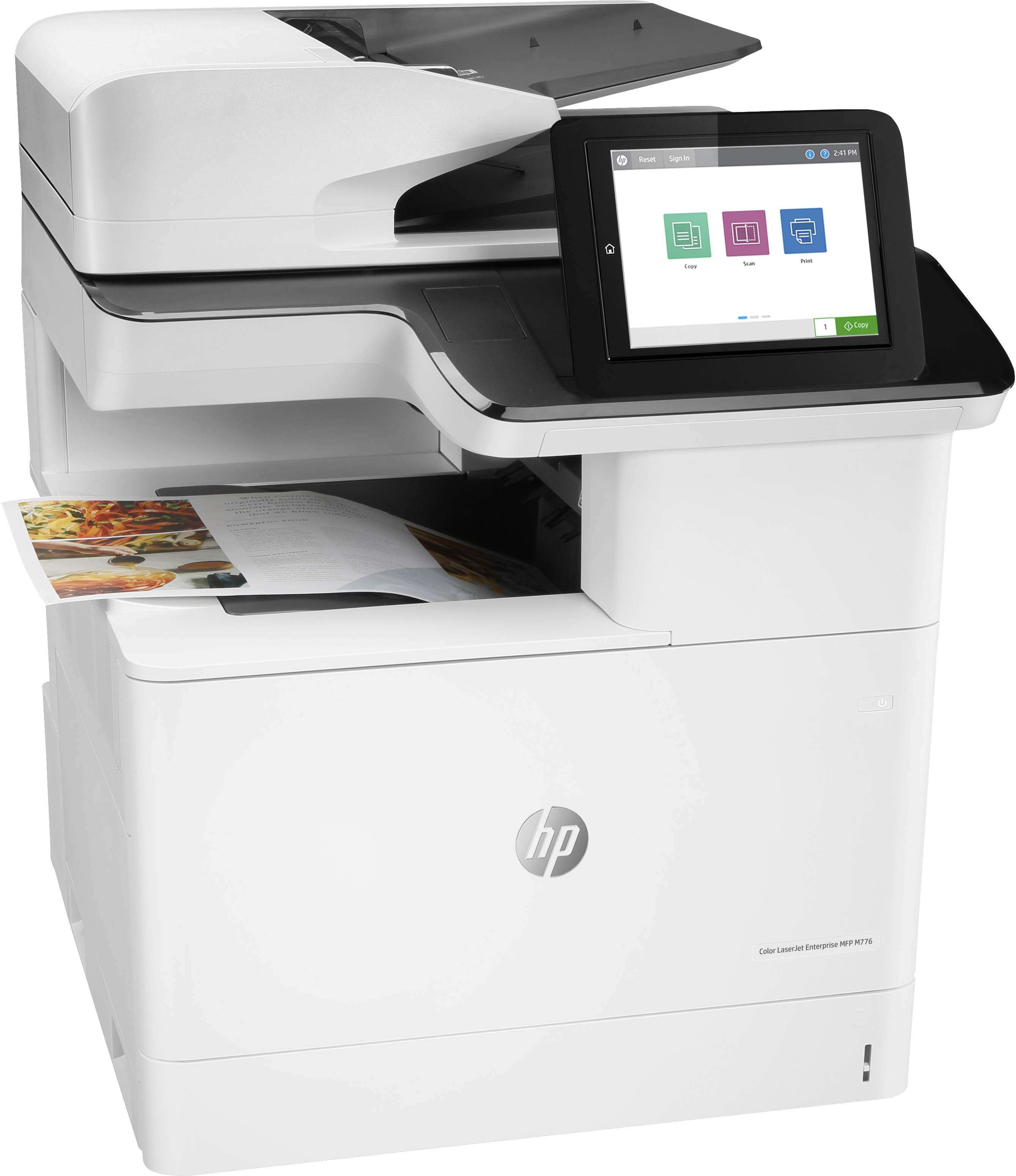 Weißer HP-Drucker mit Touchscreen, der Optionen anzeigt, und Papier.