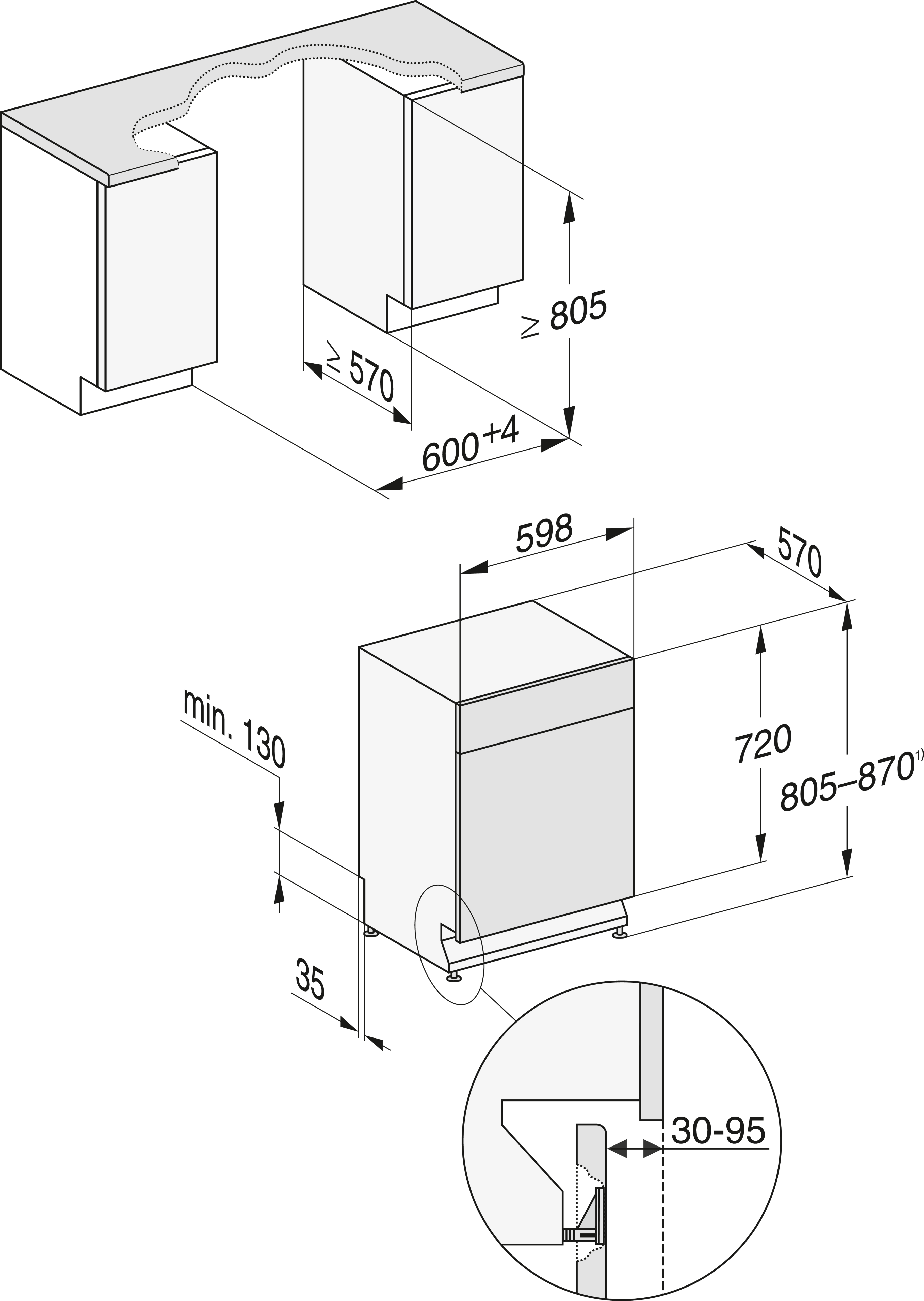 Diagramm eines Miele-Geschirrspülers mit Abmessungen und Details.