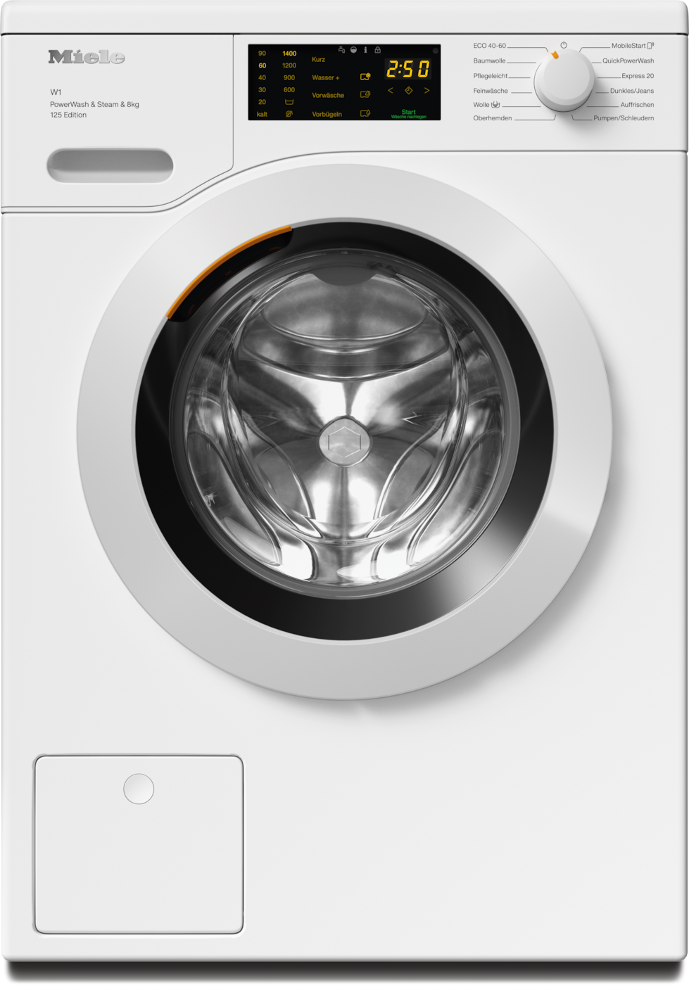 Weiße Miele Waschmaschine. Sie hat eine Frontlader-Tür und ein Bedienfeld mit Digitalanzeige.