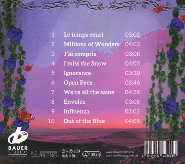 CD-Hülle hinten mit Titelliste und floralem Design in Lila und Blau.
