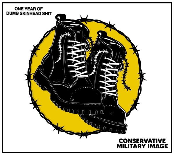 Zwei schwarze Stiefel mit weißen Schnürsenkeln in einem gelben Stacheldrahtkreis.