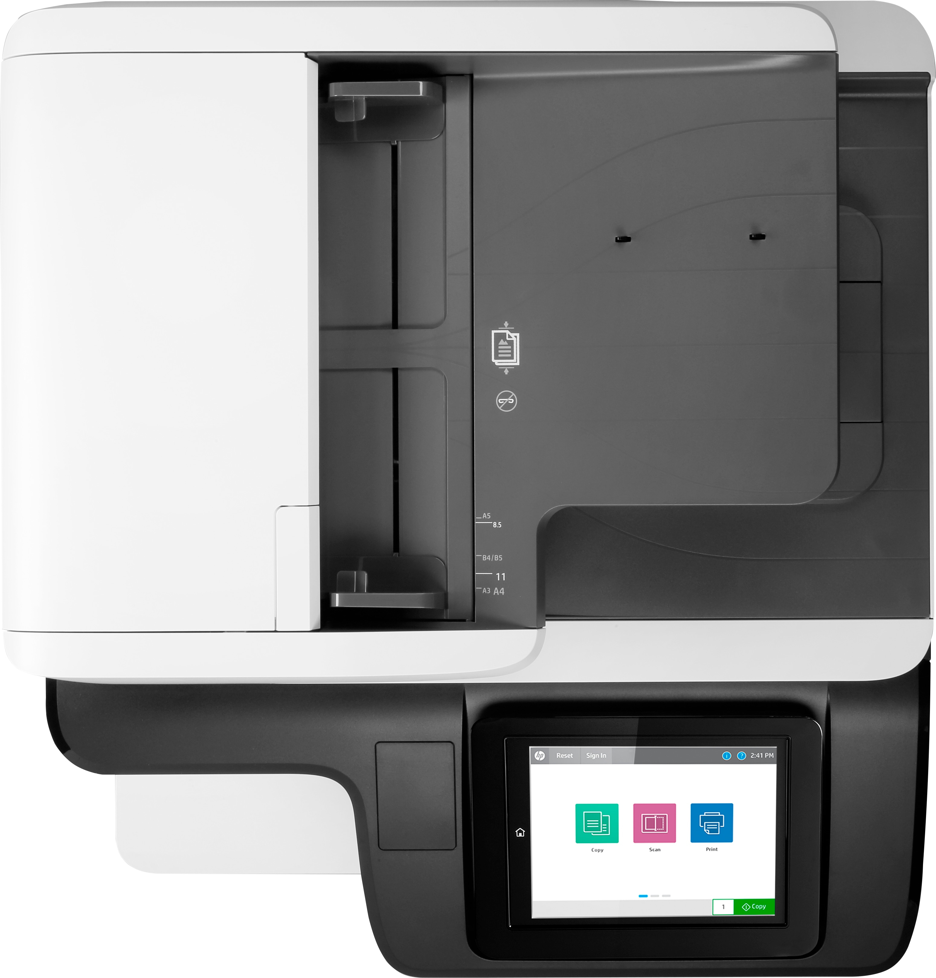 Draufsicht auf einen Drucker. Er hat eine weiße Oberseite und eine schwarze Basis mit Touchscreen und Papiereinzug.