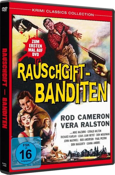 DVD-Cover, deutscher Titel „Rauschgift-Banditen“, Actionszene mit Männern und Waffen. Vintage-Look.