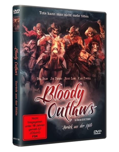 DVD-Cover mit Skelett-Cowboys auf Pferden und dem Titel 'Bloody Outlaws' in Rot.