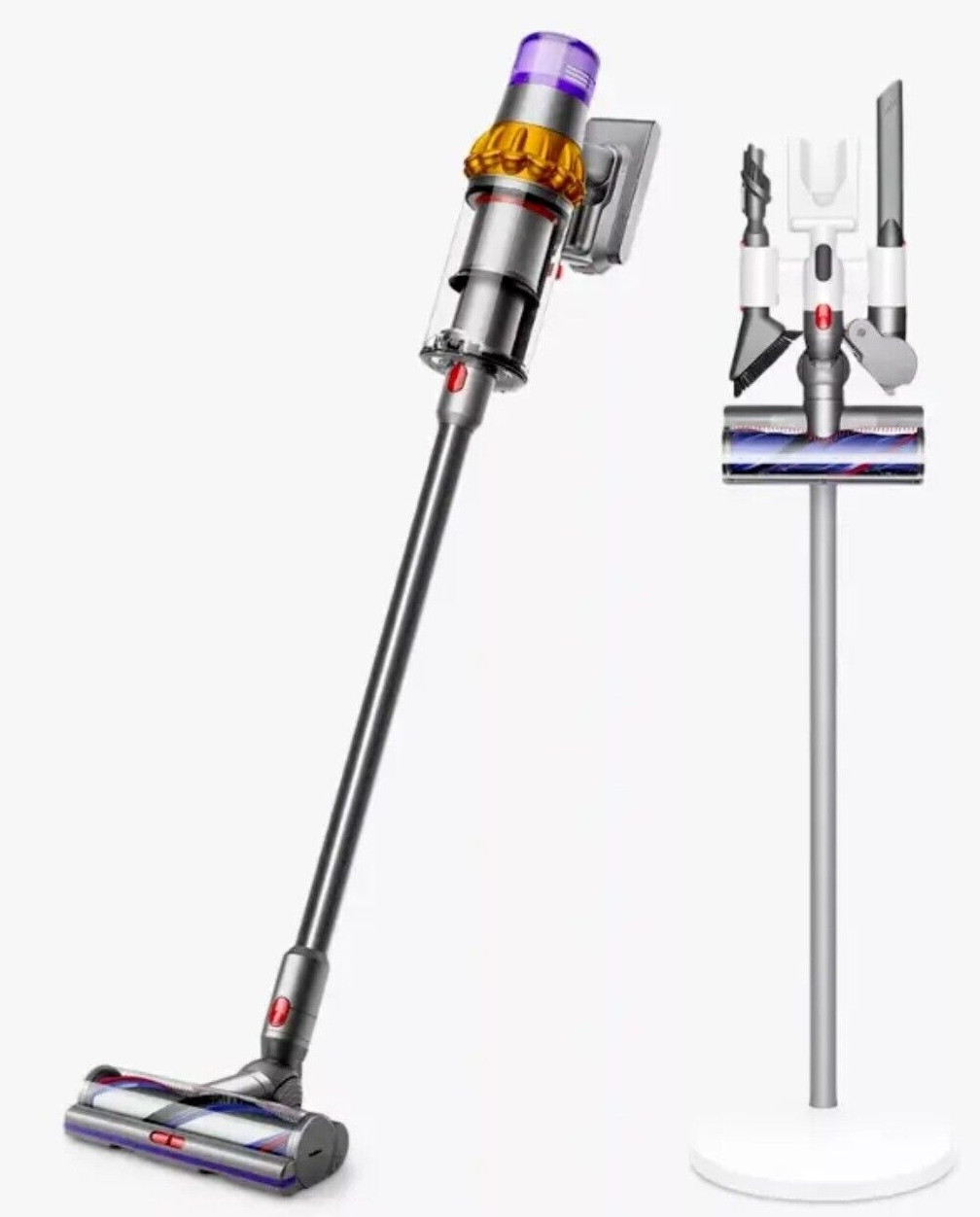 Odkurzacz Dyson z akcesoriami, ustawiony pod kątem na białym tle.