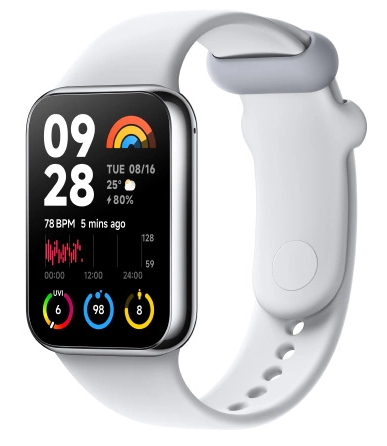 Biały smartwatch z kwadratowym ekranem wyświetlającym czas, datę i wskaźniki zdrowia.