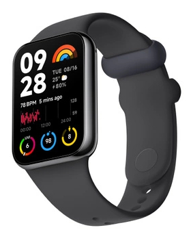 Czarny smartwatch z prostokątnym ekranem, wyświetla czas i dane zdrowotne, czarny pasek.