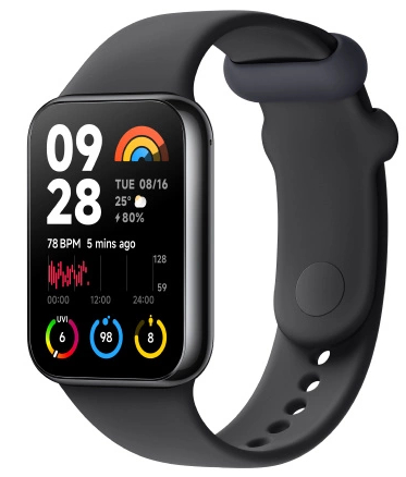 Smartwatch z czarnym paskiem, wyświetlający godzinę, datę, pogodę i dane aktywności.