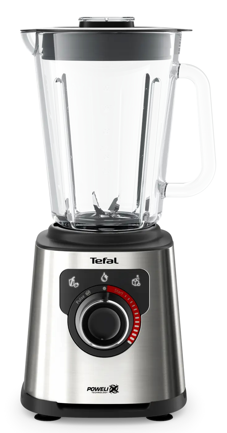 Blender Tefal na białym tle. Ma srebrną podstawę, szklany dzbanek i panel sterowania.