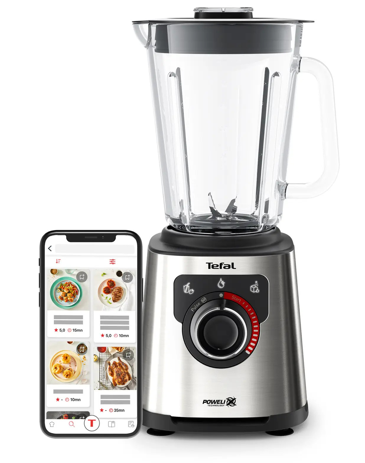 Blender z telefonem wyświetlającym przepisy. Blender jest srebrny z czarnymi akcentami.
