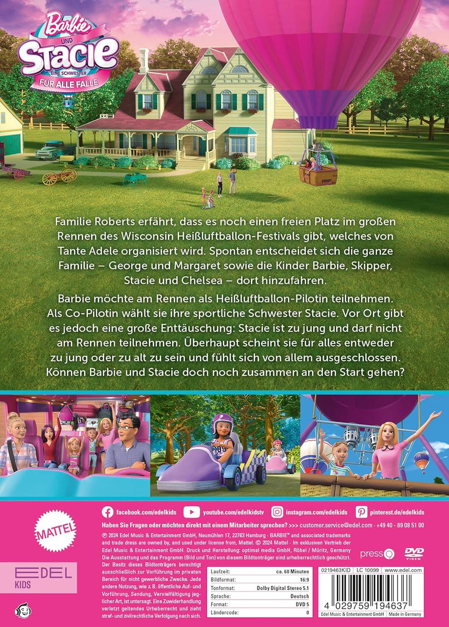 DVD-Cover: Barbie und Stacie, mit Haus und Heißluftballon im Hintergrund.