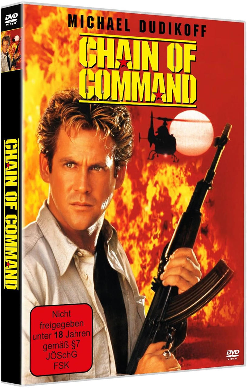 DVD-Cover von 'Chain of Command'. Michael Dudikoff ist mit einer Waffe zu sehen. Roter Hintergrund.